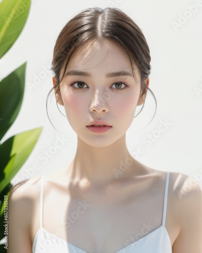 Portrait of beautiful japanese women with white background by generative AI photo