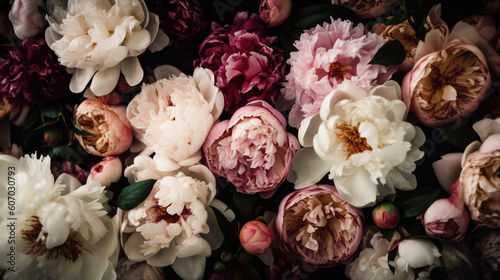 Pink and purple peonies flat lay wallpaper. AI