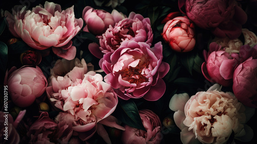 Pink and purple peonies flat lay wallpaper. AI