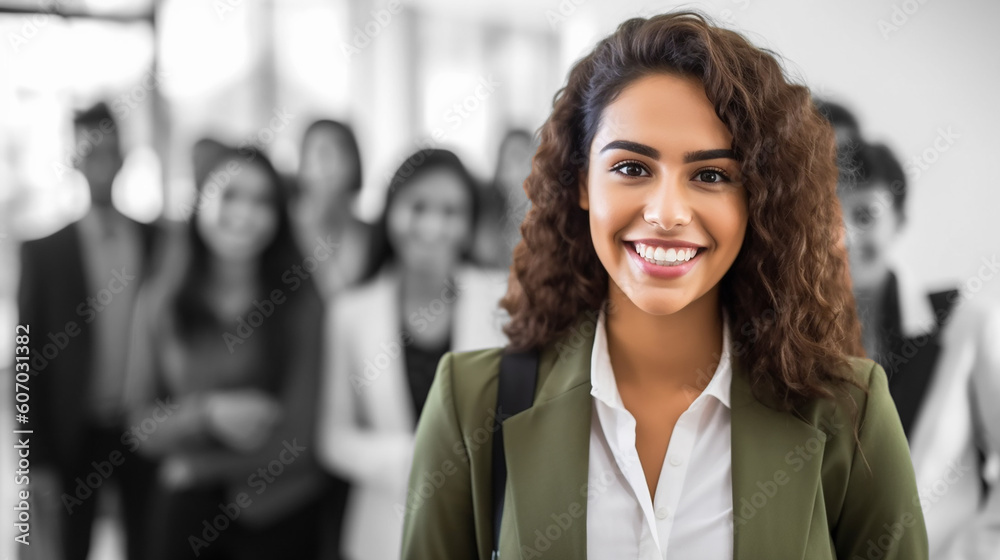 Generative AI image of an Mexican lady in front of blurred background, usage as promo advertisement to attract certain gender and ethnicity for hiring Generative AI image of an Mexican lady in front of blurred background, usage as promo advertisement to attract certain gender and ethnicity for hiring
