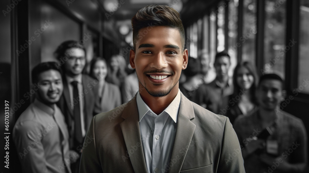 Generative AI image of a Malay man in front of blurred background, usage as promo advertisement to attract certain gender and ethnicity for hiring Generative AI image of a Malay man in front of blurred background, usage as promo advertisement to attract certain gender and ethnicity for hiring