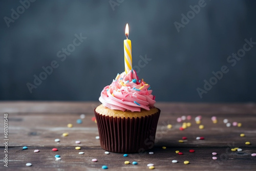 Colorful birthday cupcake with candles Generative AI