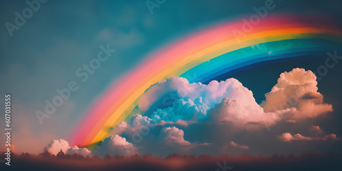 Cute sky with rainbow, dreamy sky. rainbow in the clouds. Landscape illustration of a beautiful entrance to heaven, shining divinely through the rainbow-colored clouds. AI generative