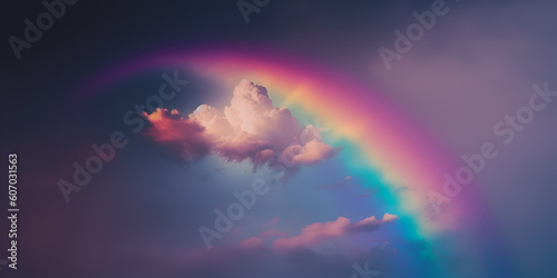 Cute sky with rainbow, dreamy sky. rainbow in the clouds. Landscape illustration of a beautiful entrance to heaven, shining divinely through the rainbow-colored clouds. AI generative