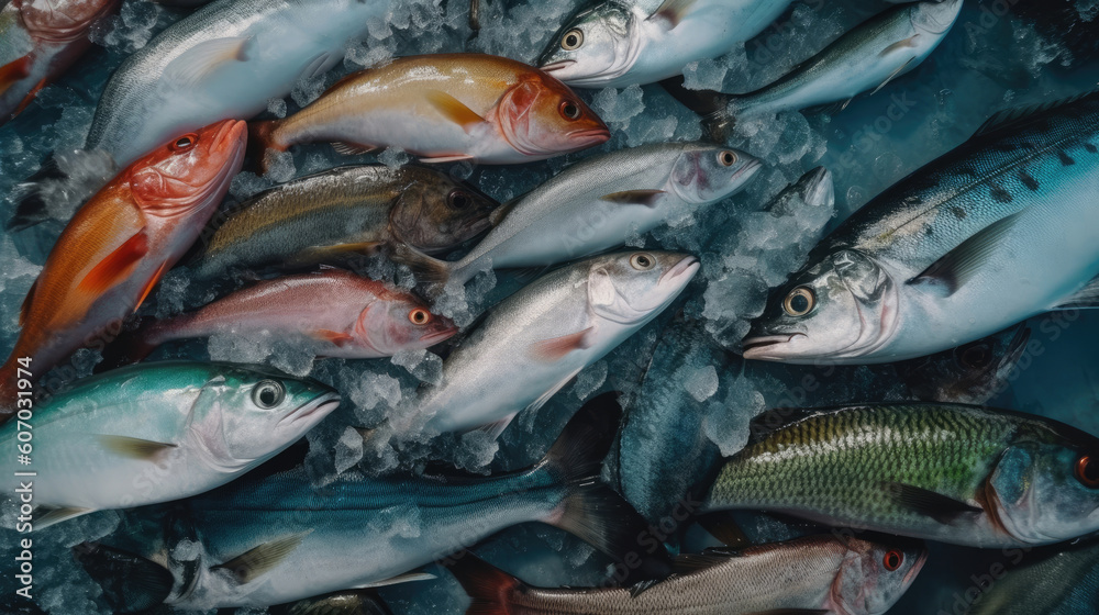 Fototapeta premium Fresh fish on ice at the fish market. Seafood and healthy eating concept. Generative AI