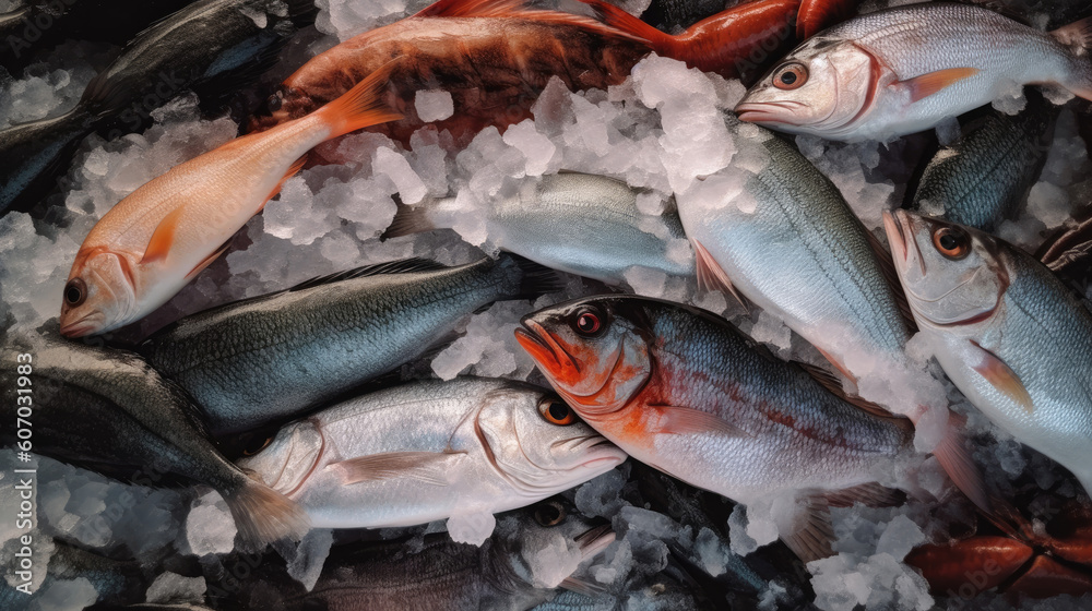 A lot of freshly caught seafood on ice at food market. Generative AI A lot of freshly caught seafood on ice at food market. Generative AI