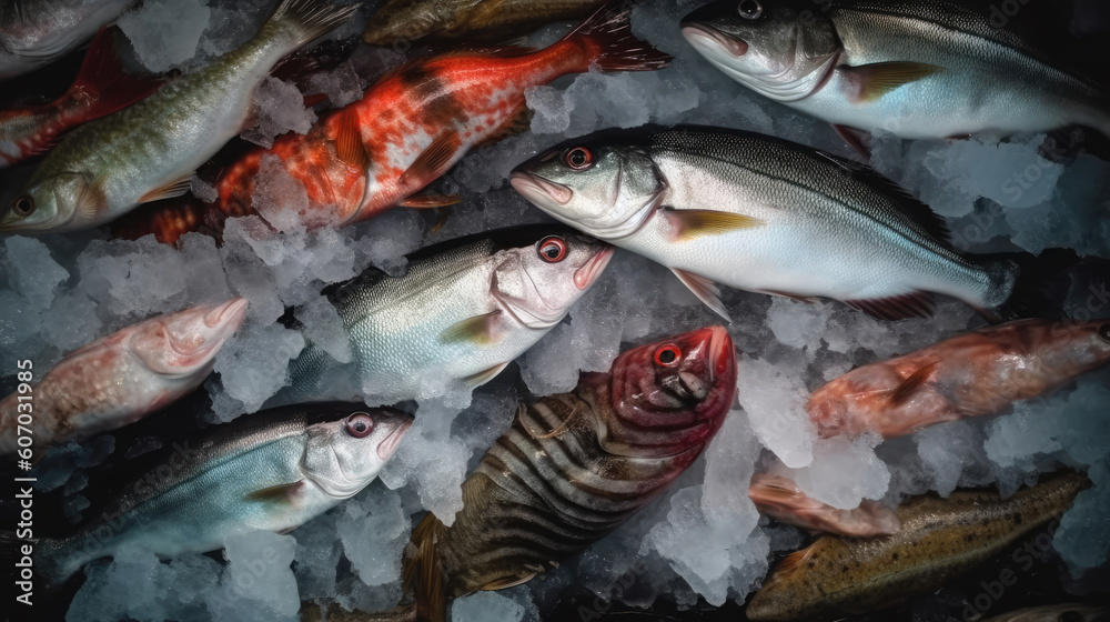 Fresh fish on ice at the fish market. Seafood and healthy eating concept. Generative AI Fresh fish on ice at the fish market. Seafood and healthy eating concept. Generative AI