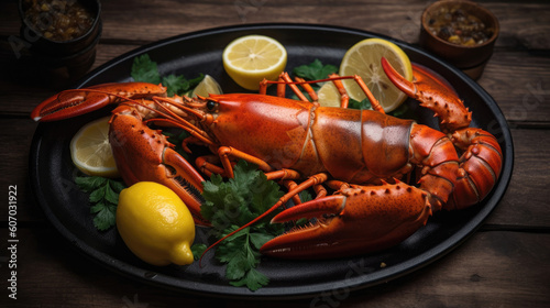 Boiled lobster with lemon and parsley on a black plate on a wooden table. Generative AI