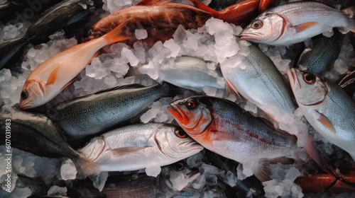 A lot of freshly caught seafood on ice at food market. Generative AI