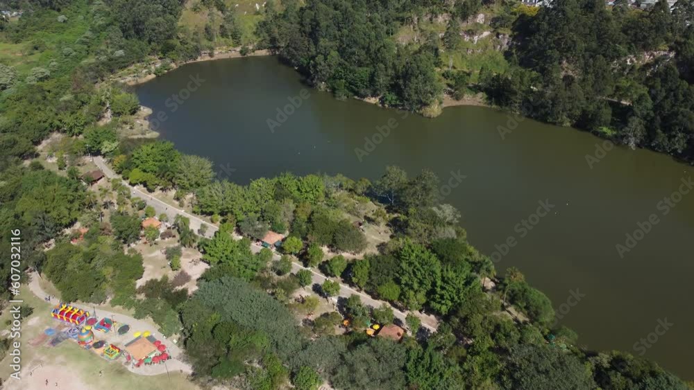 Aerial shot of lake in Parque Francisco Rizzo in Sao Paulo on a sunny day Aerial shot of lake in Parque Francisco Rizzo in Sao Paulo on a sunny day