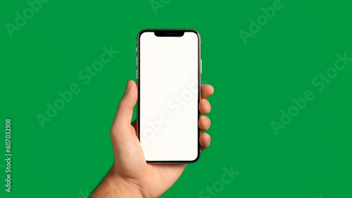 mockup Hand Holding mobile phone with white screen on green background Template 