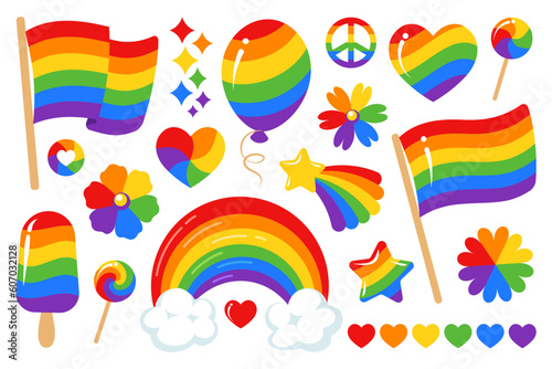 Pride LGBT symbols collection isolated on white background. Rainbow colored elements of LGBT community. Vector illustration for Pride Month design. LGBT cartoon sticker pack in flat style