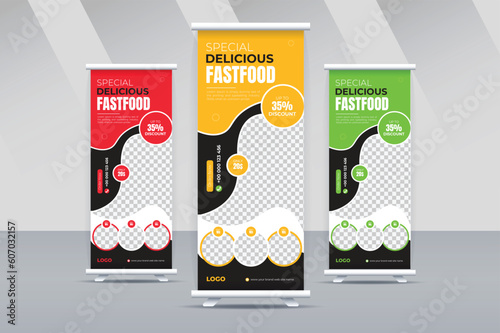 Fast Food roll up Design Template,cafe and restaurant roll up banner template with healthy and organic food design for banner