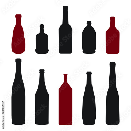 Shape of silhouettes of glass bottles for alcohol, wine, whiskey, vodka, brandy, cognac, beer, kvass, champagne, liqueur