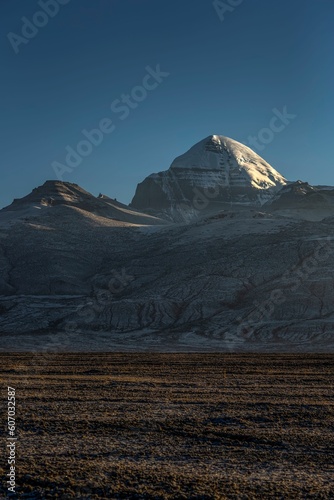 Vertical shot of the snowy Mount Kailash in Taqin County  Ali Prefecture  Tibet  China