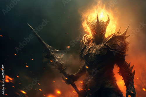 Obraz na płótnie The Warrior Against the Backdrop of Fire created with Generative AI technology w salonie