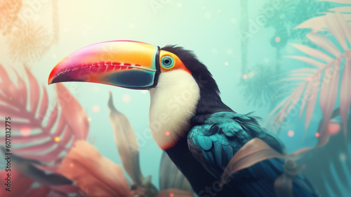 Colorful vivid background illustration made with toucan bird in tropical forest. Generative AI.