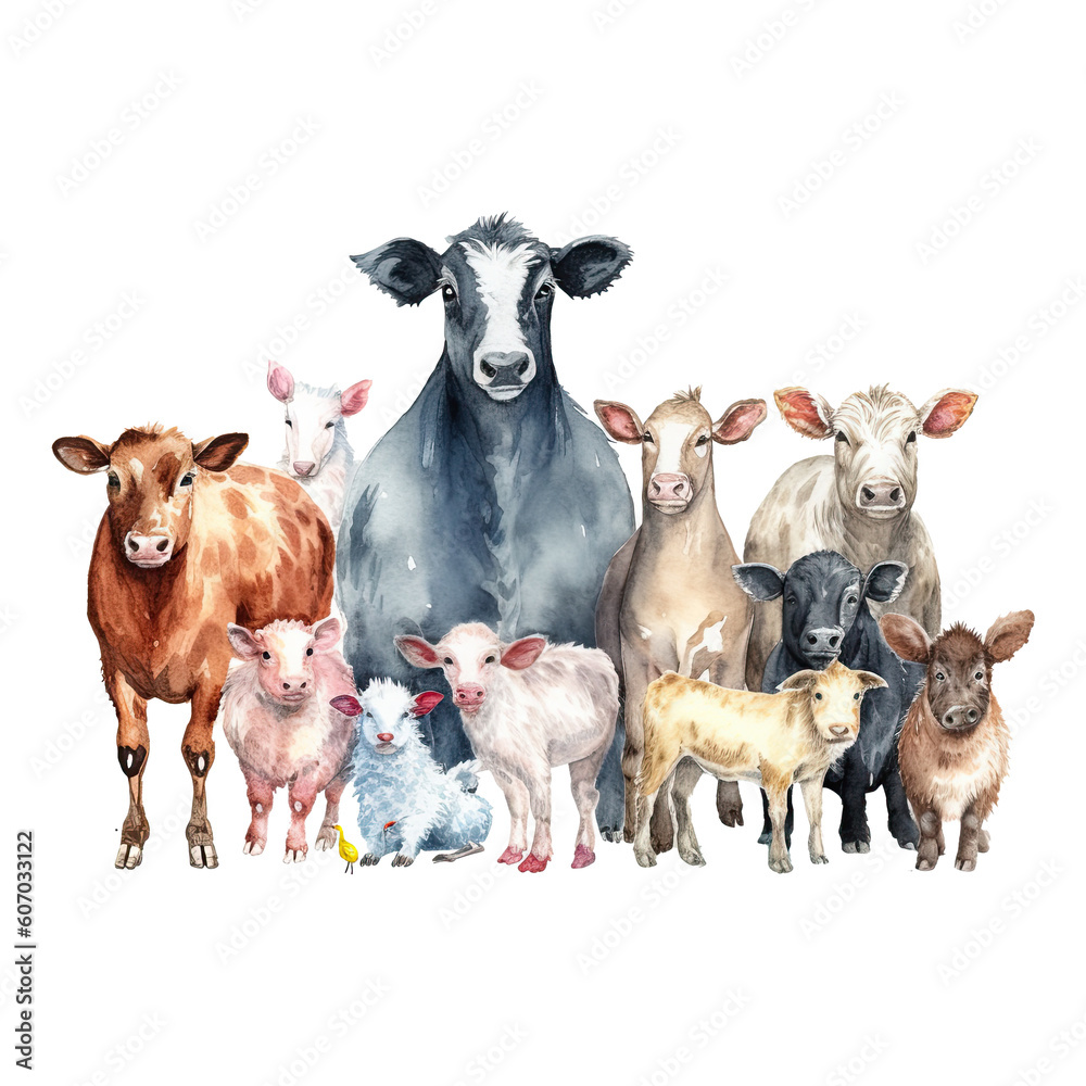 Watercolor farm animals. Cartoon farm animals isolated on transparent ...