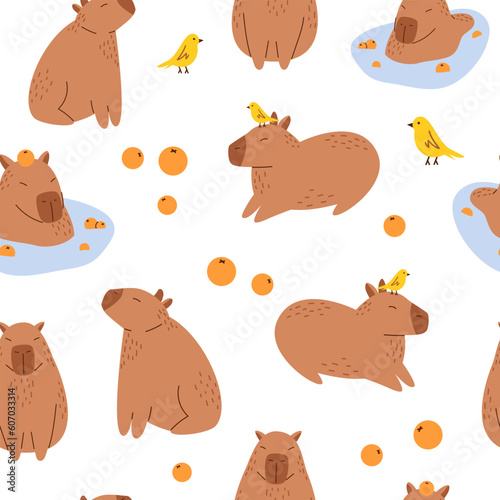 Vector seamless pattern with funny capybaras. Background with amusing capibaras. Cute capybaras swimming in water and relaxing with mandarin oranges. South American adorable animal pattern.