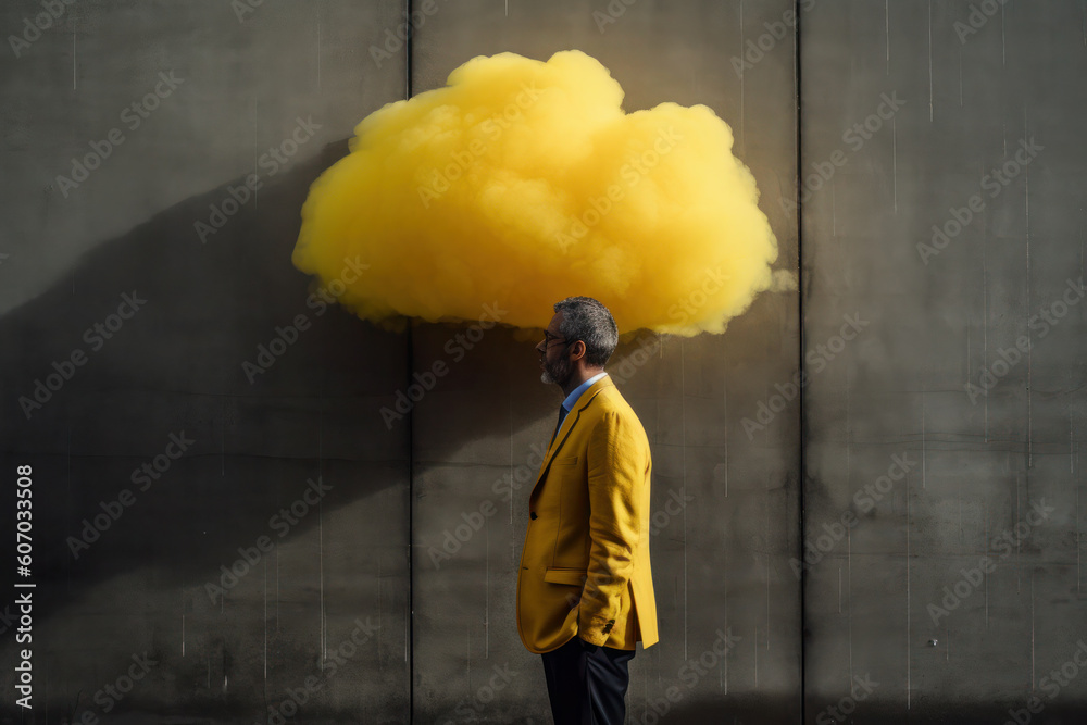Obraz premium a cloud of flies near the head of a man in a yellow business suit. art, minimalism, dark sky. surreal art. AI generative