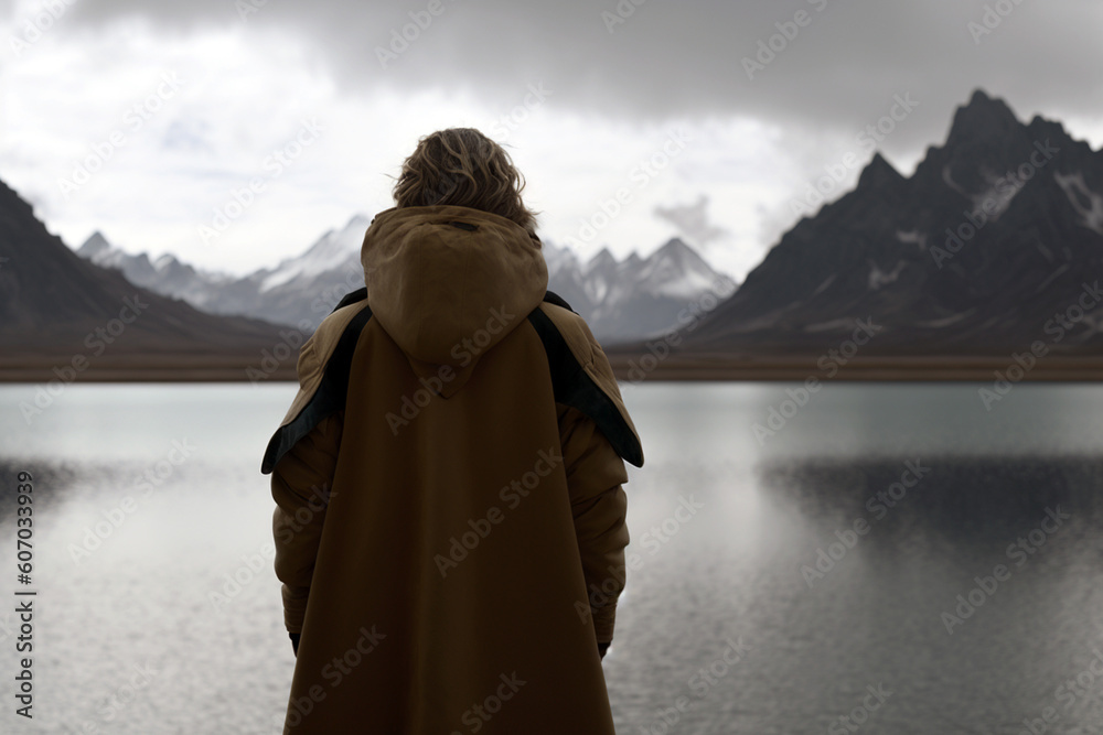 Woman in raincoat from behind at peaceful river landscape Generative AI Woman in raincoat from behind at peaceful river landscape Generative AI