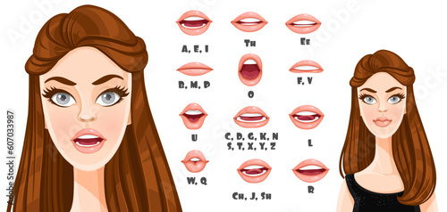 Cute cartoon brunette girl with long hair talking mouth animation. Female character speak mouths expressions