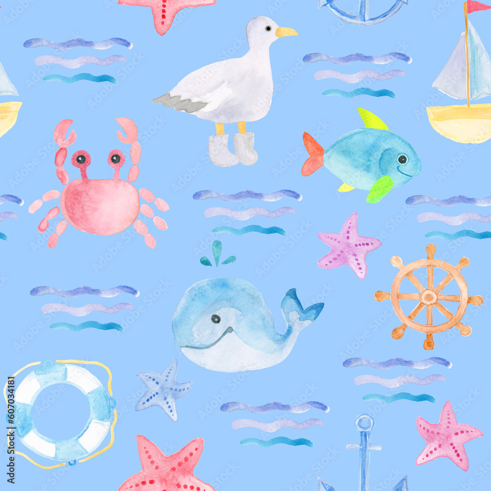 Fototapeta premium Children's colored drawing seamless pattern with whales, fish, starfish, sea wheels and lifebuoys