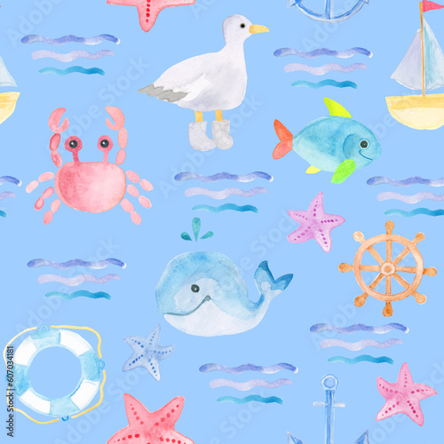 Children's colored drawing seamless pattern with whales, fish, starfish, sea wheels and lifebuoys