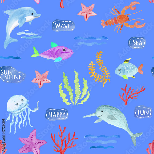 Children's colored drawing seamless pattern with whales, algae, fish, jellyfish and starfish