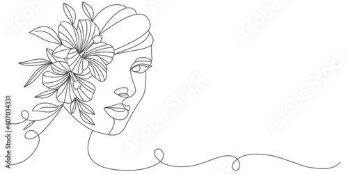 Women’s day line art style vector illustration. Line art vector illustration of beauty woman. Line art vector illustration of beautifull woman potrait with flower in hair