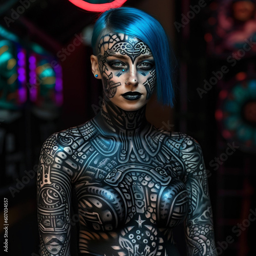 Beautiful woman with blue hair wearing skintight body tattoo suit Generative AI photo