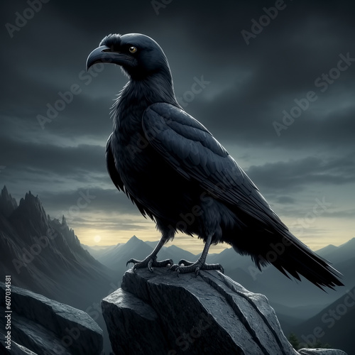 Raven sitting on rock in th...
