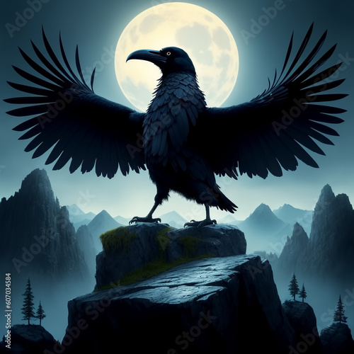 Raven sitting on rock in th...