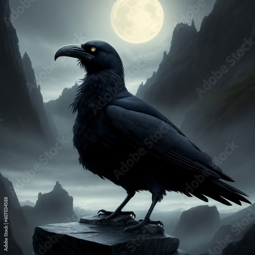 Raven sitting on rock in th...