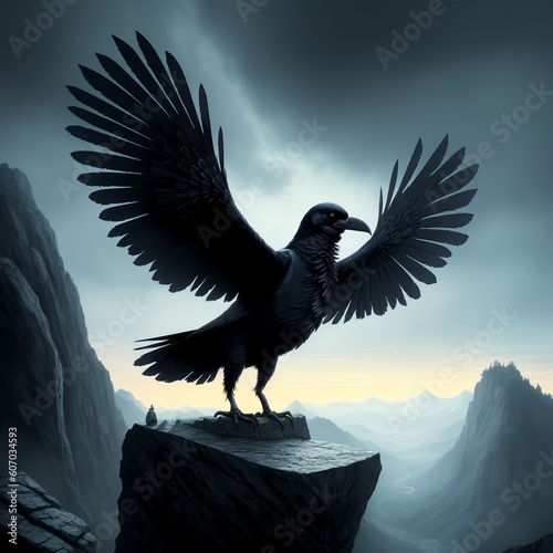Raven sitting on rock in th...