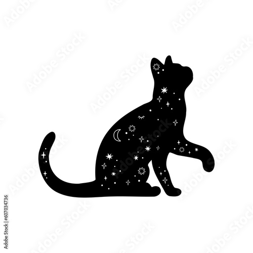 Celestial balck cat with stars and constellations Mysterious black moon cat. Magic domestic animal silhouette with stars, moon. Mystical vector illustration. Magic celestial black isolated element.