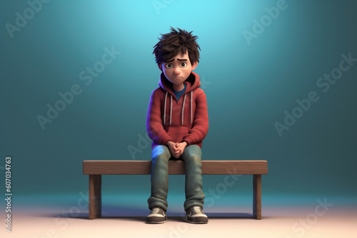 Sad Cartoon Boy Sitting on a Bench (Generative AI) © JJAVA