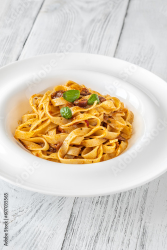 Portion of pasta puttanesca