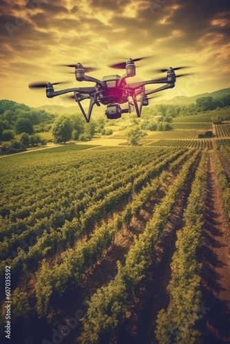 Crop fields worked on by farming drones in the future. (Generative AI)