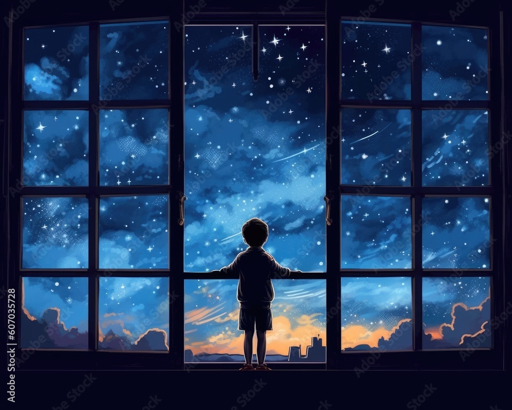 A child gazes at the open window to dream. (Illustration, Generative AI) A child gazes at the open window to dream. (Illustration, Generative AI)