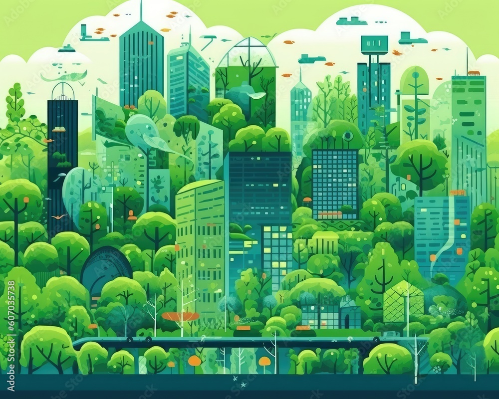 An illustration of sustainable living in a green city. (Illustration, Generative AI)