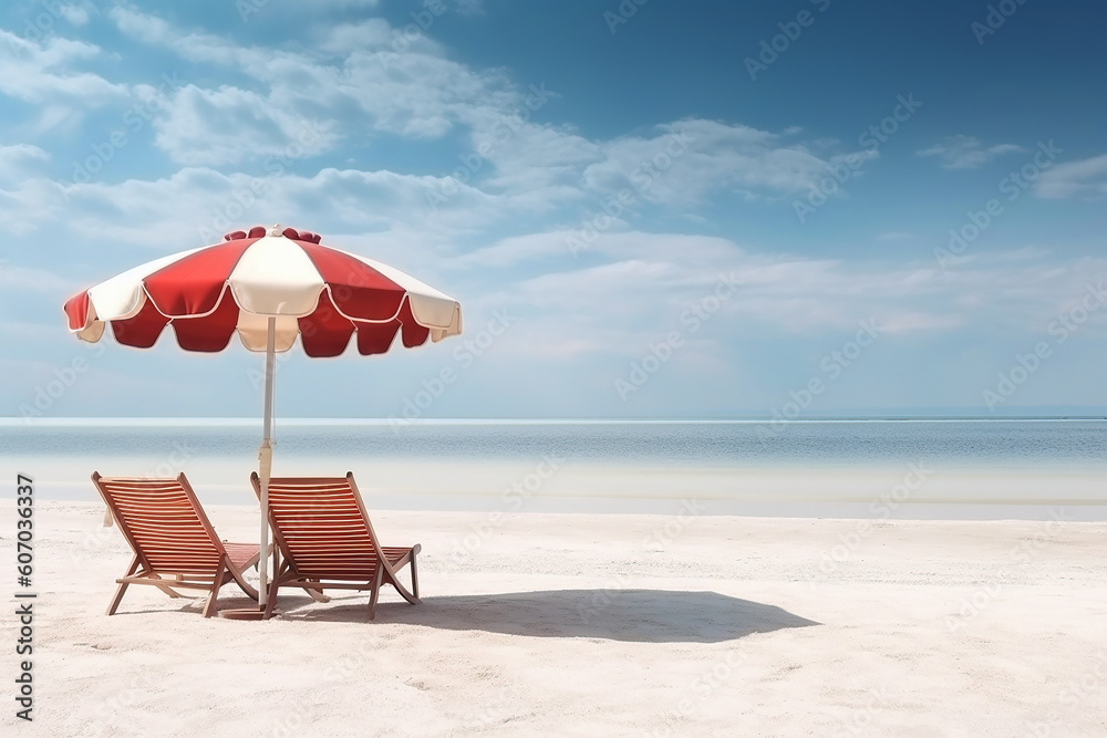 A beautiful beach with white sand, chairs and umbrella. Travel tourism background concept. Amazing beach landscape with copy space.  Generative AI.