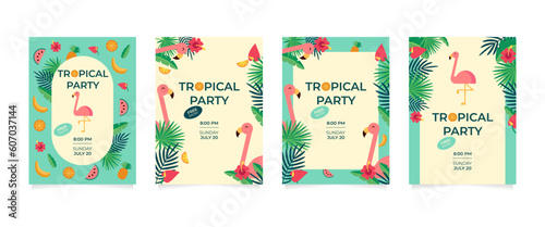 Flamingoes with tropical fruit and leaves illustrations for party invitation card template