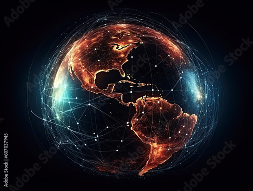 Communication technology for internet business. Global world network and telecommunication on earth cryptocurrency and blockchain and IoT. 