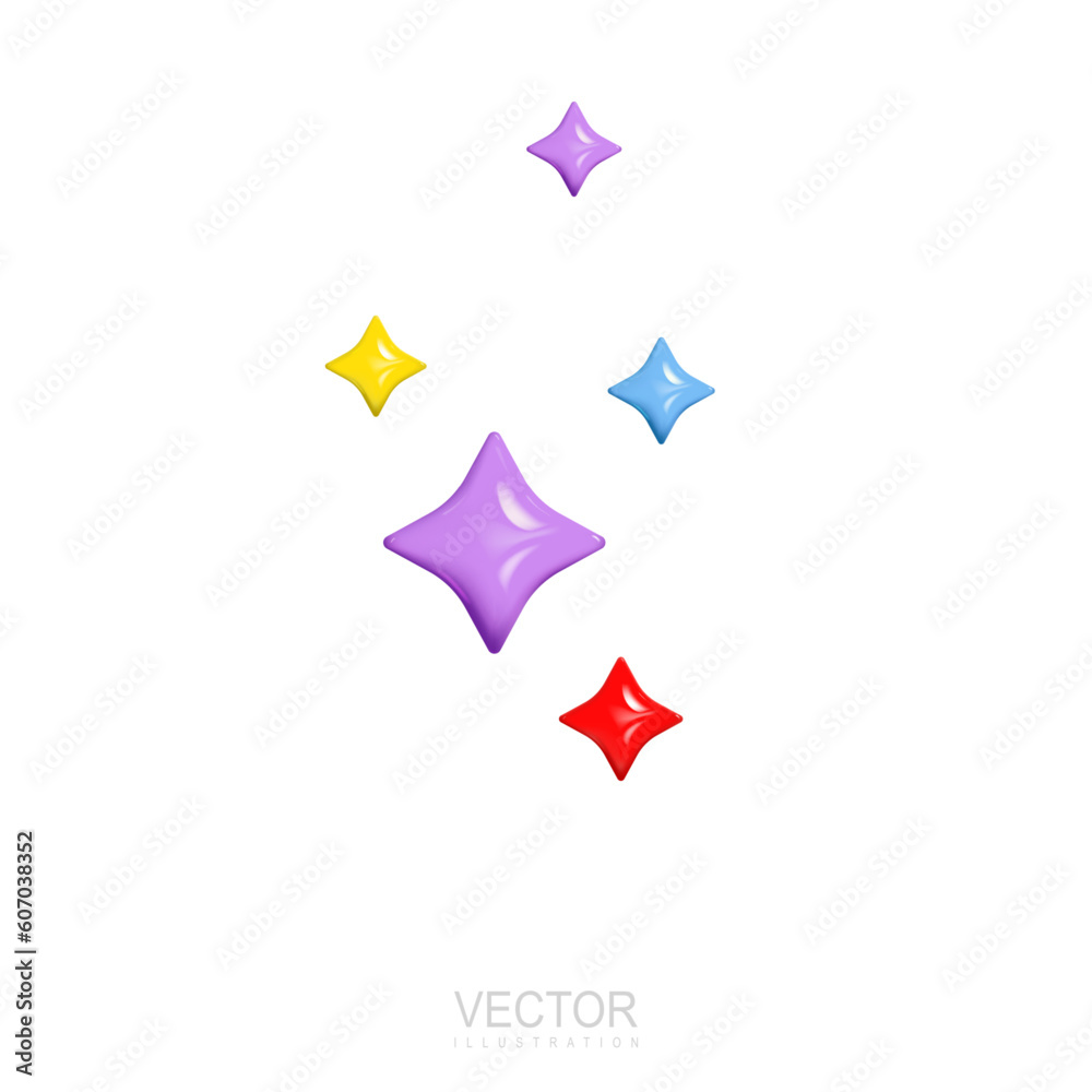 3D realistic stars. Glossy render stars of red, purple, yellow, blue. Holiday illustration. Vector 3D realistic stars. Glossy render stars of red, purple, yellow, blue. Holiday illustration. Vector