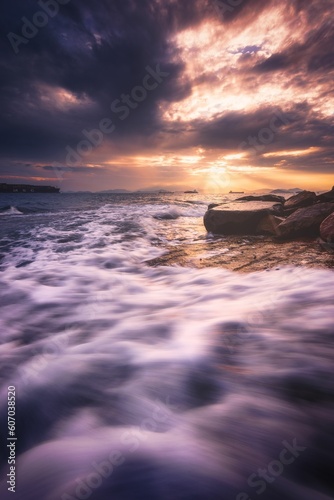 Vertical shot of waves crashing the cliffs of a beach during a sunset