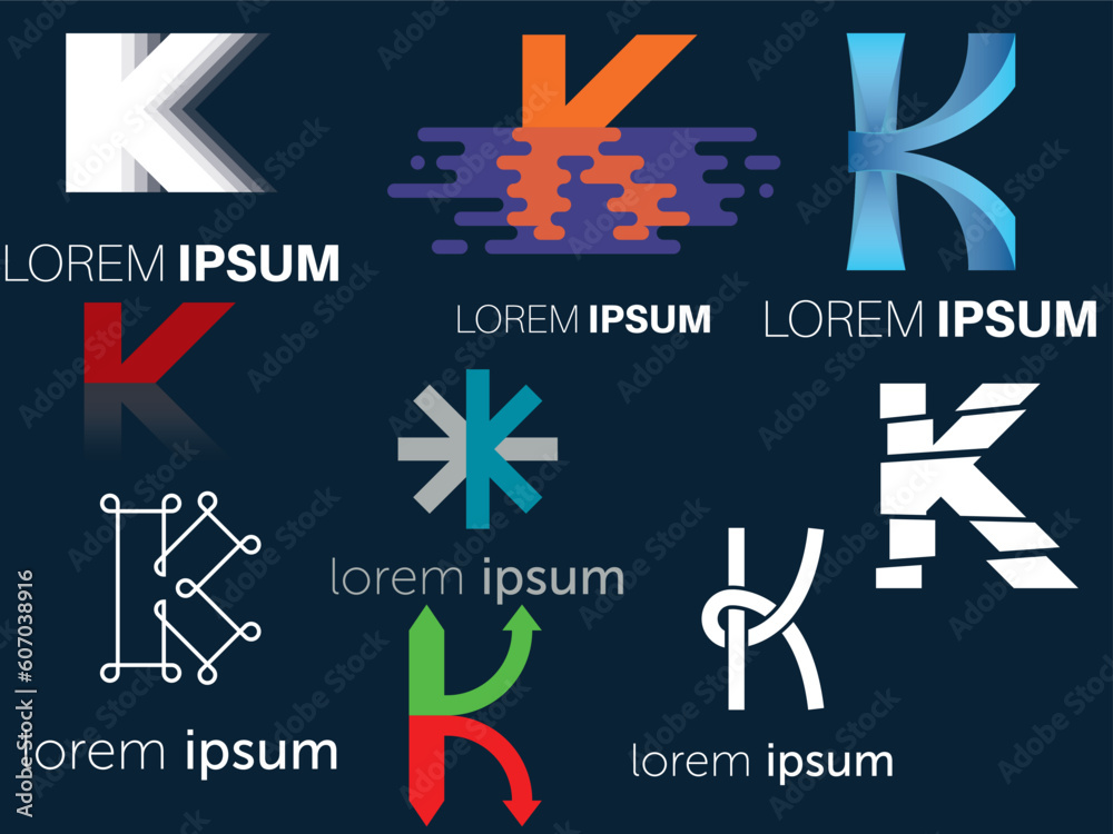 Obraz premium Digital illustration set of various fonts for a K letter logo design