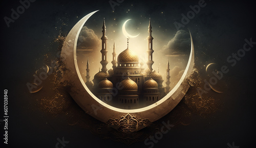 islamic background with moon lanterns and mosque for ramadan eid ul fitr and eid al adha eid milad muharram generative ai photo