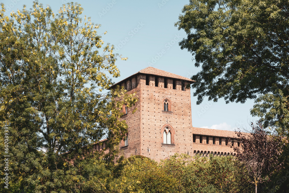 detail of one of the towers of the Visconti Castle (Castello Visconteo) of Pavia, Lombardy region, Italy