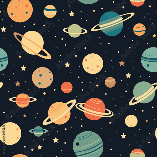 Planet in solar system for seamless pattern in hand draw doodle style and colorful